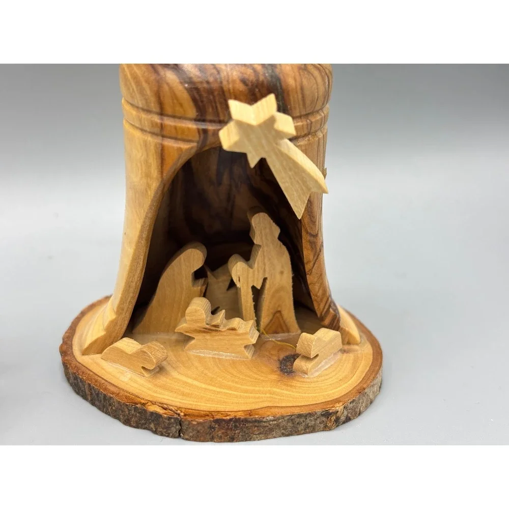 Handmade Olive Wood Nativity Scene Bell Christmas Ornament Holy Family - Picture 2 of 5
